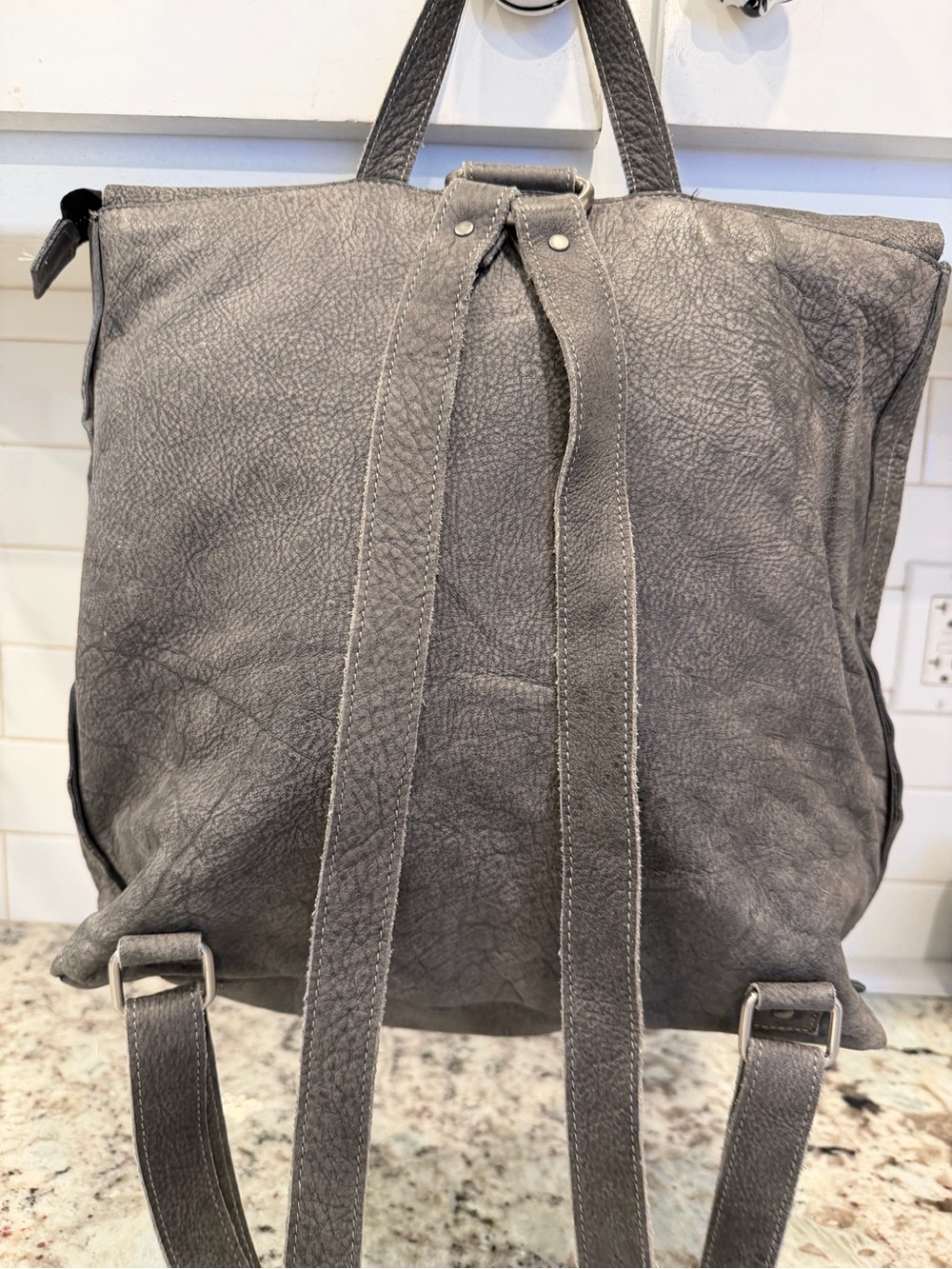 Eileen Fisher Gray Fold-Over Leather Backpack - Picture 10 of 15